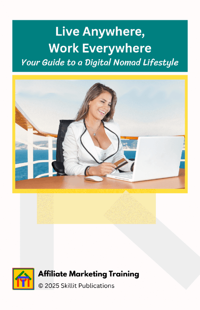 Woman working on laptop on yacht deck with bay view - ebook cover"