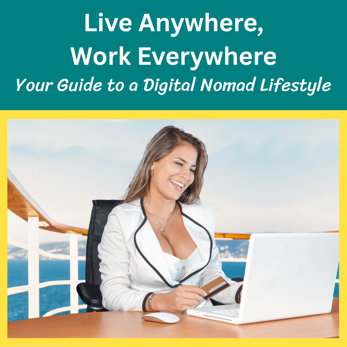 Woman working on laptop on yacht deck with bay view - ebook cover"