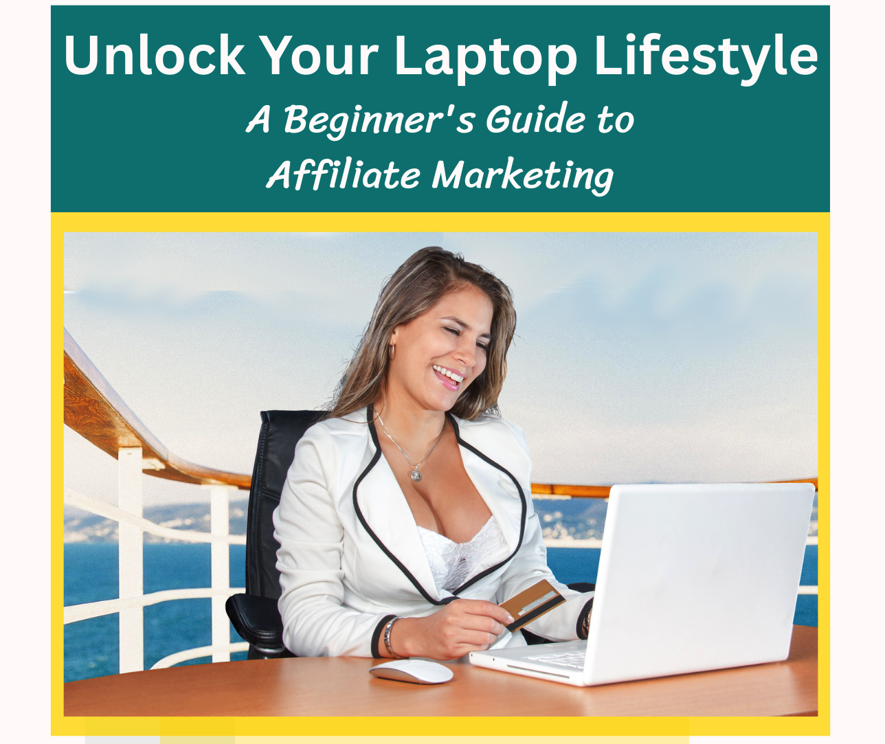Woman working on laptop on yacht deck with bay view - ebook cover"